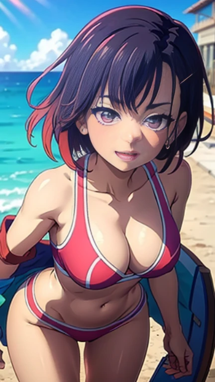 (masterpiece), best quality, ultra realistic detailed purple eyes, perfect face, beach background, beach bikini and penty, looking at viewers, massive , looking at viewers, front facing, front view, happy face, perfect curvy shaped beautiful body, realistic body , purple short hair, 