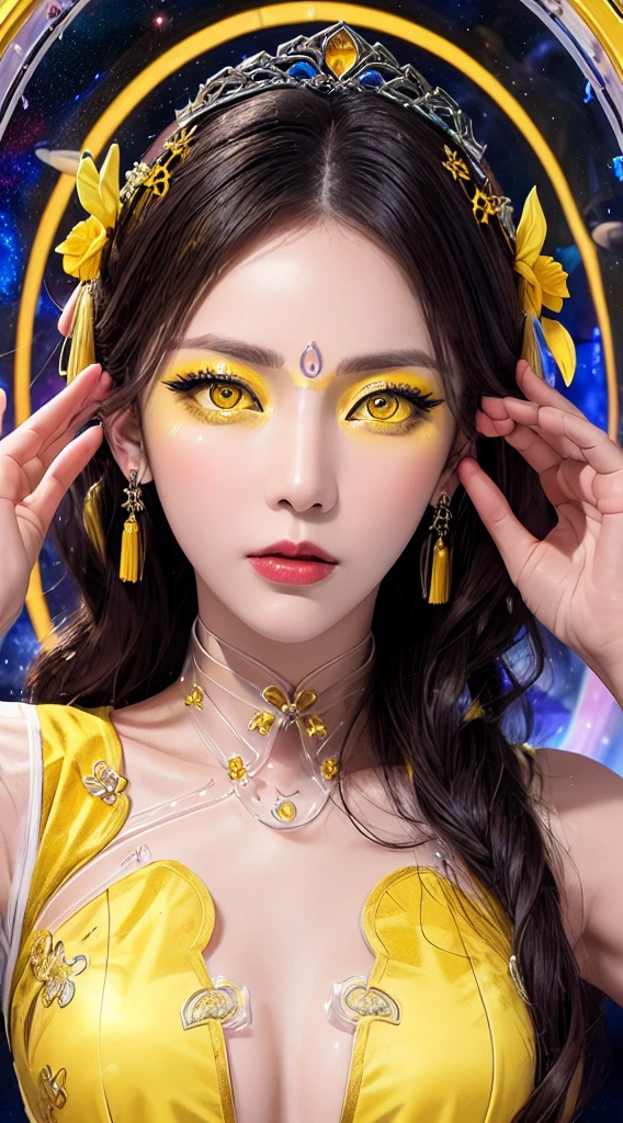 Woman wearing red and gold dress, flower background, palace, hanfu girl, wearing red cheongsam, chinese style, with ancient chinese costume, wearing ancient chinese costume, traditional beauty, Chinese Traditional, chinese girl, cheongsam, chinese costume, chinese princess, hanfu, chinese traditional clothing, chinese costume, 1 27-year-old girl, 1 zodiac goddess from the future, goddess of the pink and purple 12 zodiacs, the goddess of the zodiac in a yellow ao dai, a 12 zodiac ao dai with many black lace detail, mythology Goddess of the 12 zodiacs from the future, zodiac ♏, luxurious glittering zodiac style, dark and mysterious version, zodiac crown, lipstick lips red, thin and beautiful lips, mouth closed, characters made by karol bak and pino daeni, intricate detail, detailed background, extremely detailed, light magic, a woman, clear face, hair long with bangs, beautiful face in detail and well-proportioned eyes, (transparent yellow eyes: 1.8), big round eyes and very beautiful and detailed makeup, foresight, silk dress, mysterious makeup , double bangs and dyed light blonde , upper half portrait, zodiac goddess portrait, arms hanging loosely, Realistic and vivid photo, (stars make up the zodiac: 1.7), (sky background zodiac and fictitious space and time portal: 1.8), fiction art, RAW photo, hanfu picture, best photo, best photo quality, 8k quality, 8k ultra, super realistic, real photo most economical, the goddess poses sexy and seductive,