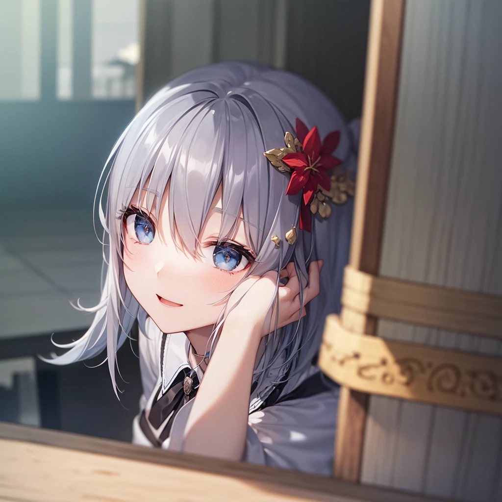 super high quality, with a girl, 20-year-old, very short hair, long bangs between the eyes, gray eyes , blue sky, sunlight, very detailed,(masterpiece、highest quality)、alone、gray hair、laughter、fantasy, silver hair, black eye, beautiful eyes,, ecstasy, charm, be smitten with audience, fantasyな風景、seaside、white clothes
