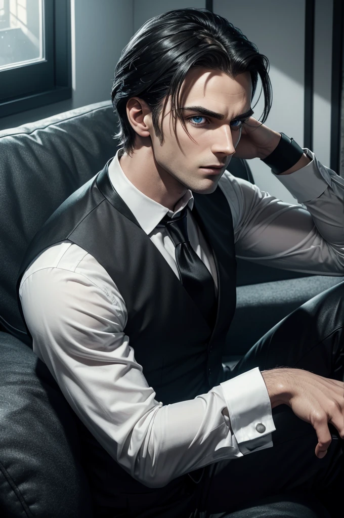 (Masseter muscle part,highest quality,super detailed), (detailed face), 1 boy person々, (Front view),(Photoreal:1.2),(side light,Beautiful eyes in every detail:1.2),shiny black hair,bright eyes,white shirt and black tie,Vest with ornaments,shiny skin,solo,vampire,Depth of bounds written,Black light particles,sit on the sofa,mafia,underworld -- automatic