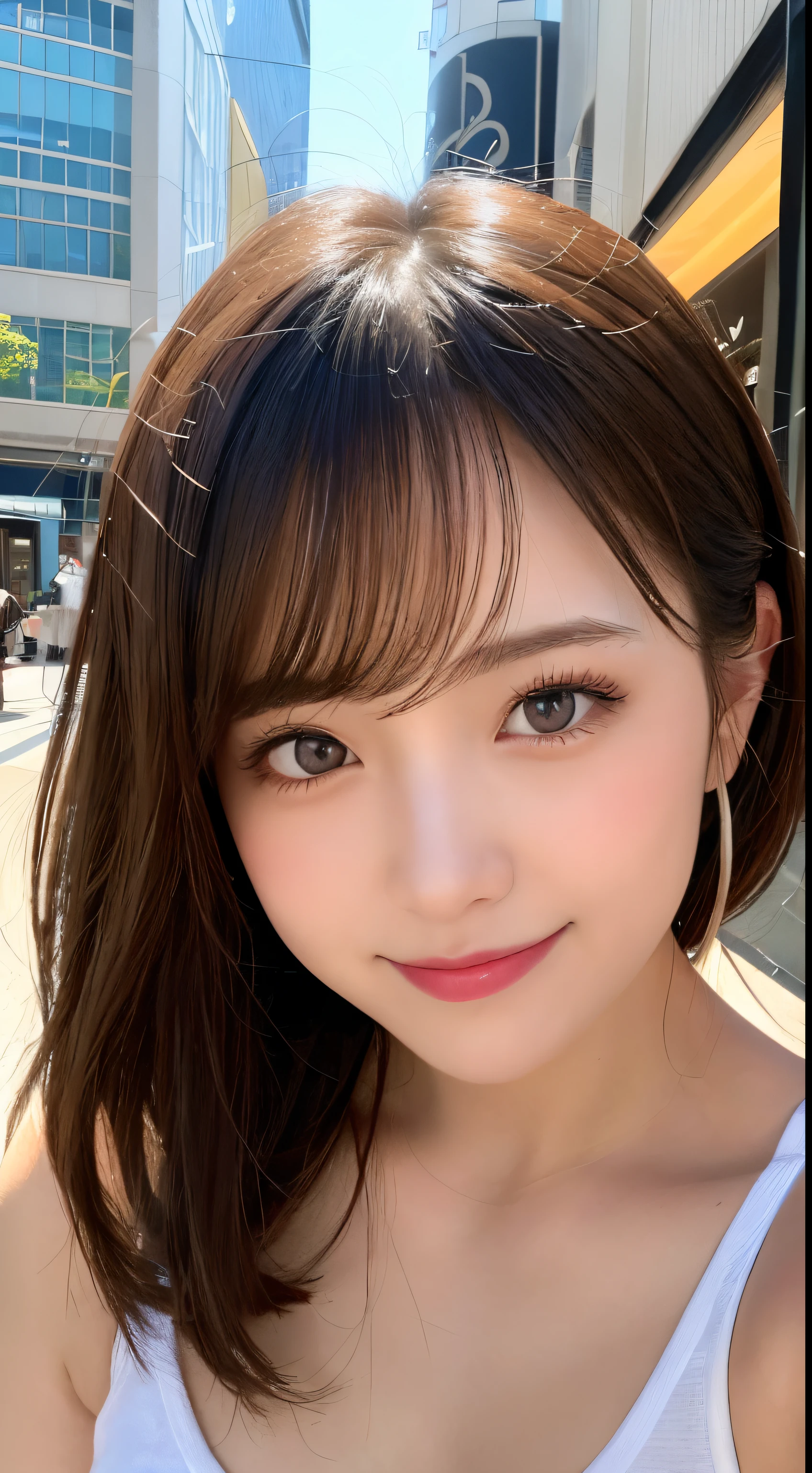 masutepiece, Best Quality, Illustration, Ultra-detailed, finely detail, hight resolution, 8K Wallpaper, Perfect dynamic composition, Beautiful detailed eyes, Women's Fashion Summer,Medium Hair,,Natural Color Lip, Bold sexy poses,Smile,Harajuku、20 years girl、Cute、Sexy shot looking at camera