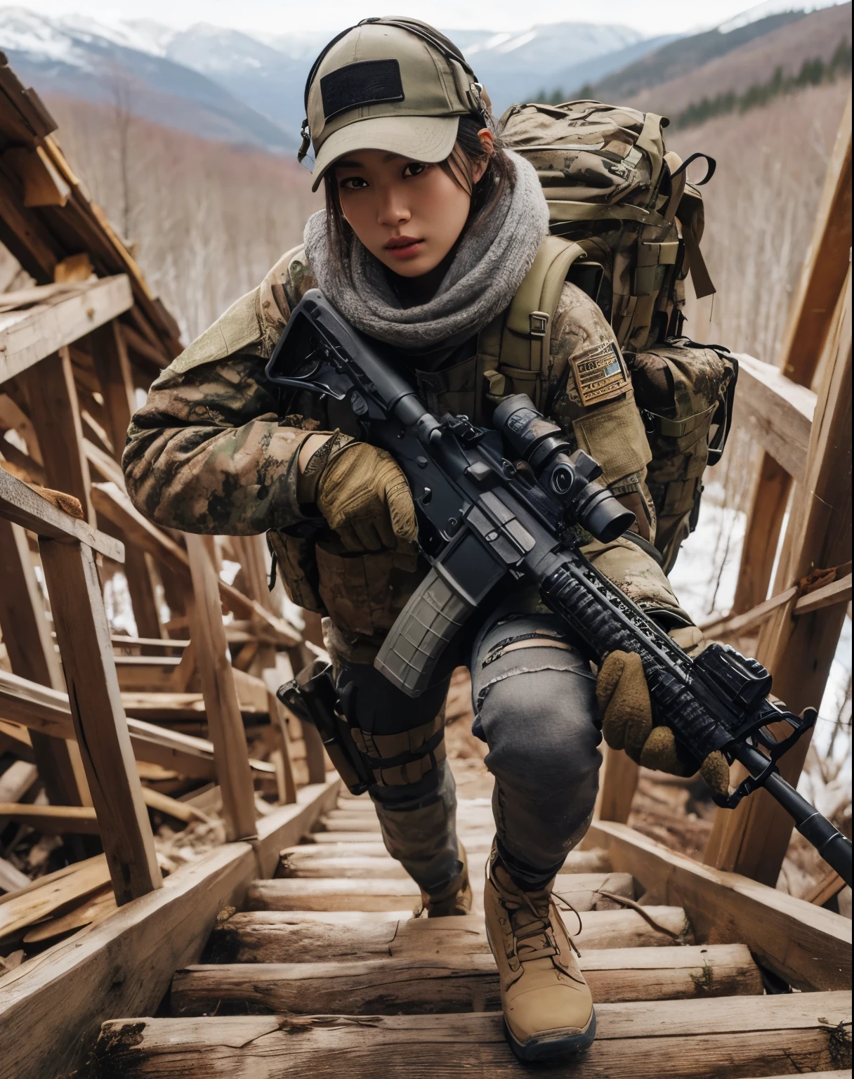 photorealistic、realistic skin texture、automatic rifle、Woodlands