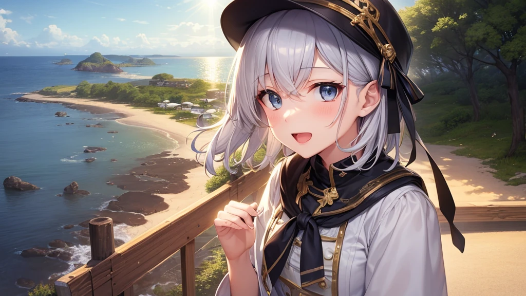 super high quality, with a girl, 20-year-old, very short hair, long bangs between the eyes, gray eyes , blue sky, sunlight, very detailed,(masterpiece、highest quality)、alone、gray hair、laughter、fantasy, silver hair, black eye, beautiful eyes,, ecstasy, charm, be smitten with audience, fantasyな風景、seaside、white clothes、hat