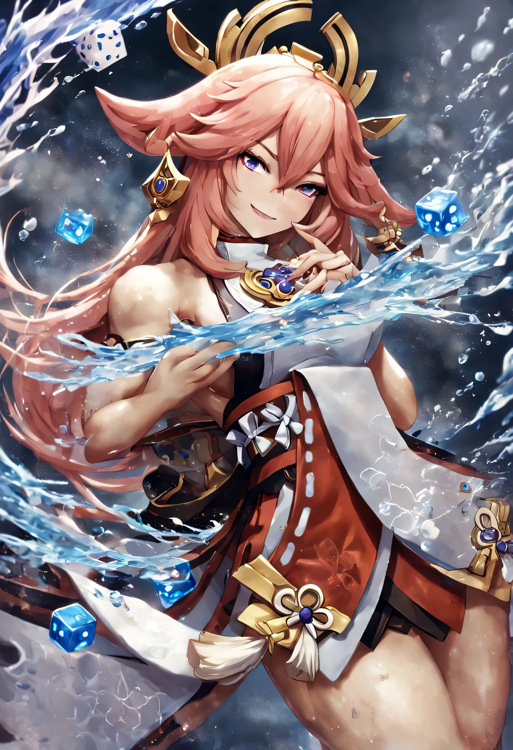 yae miko (impacto genshin) con salpicaduras de agua a su alrededor, sosteniendo dados azules, hilo azul alrededor de ella, Sonrisa afectada, cara redonda, gotitas de agua, mirando la pantalla del espectador, Paquete de 6, alto, biceps, triceps, muslos gruesos