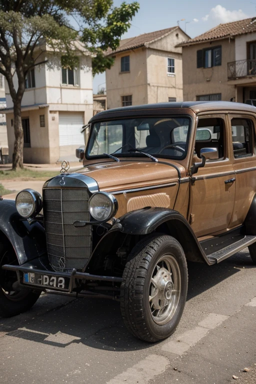 the old Mercedes car which was manufactured in 1810 but which already has in 2024 somewhere in Africa in a bizarre district and the townsfolk looking