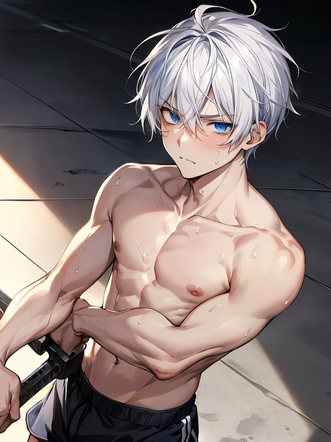 young male ager, blue eyes, white hair, straight face, shirtless, sweating, training,combat weapon