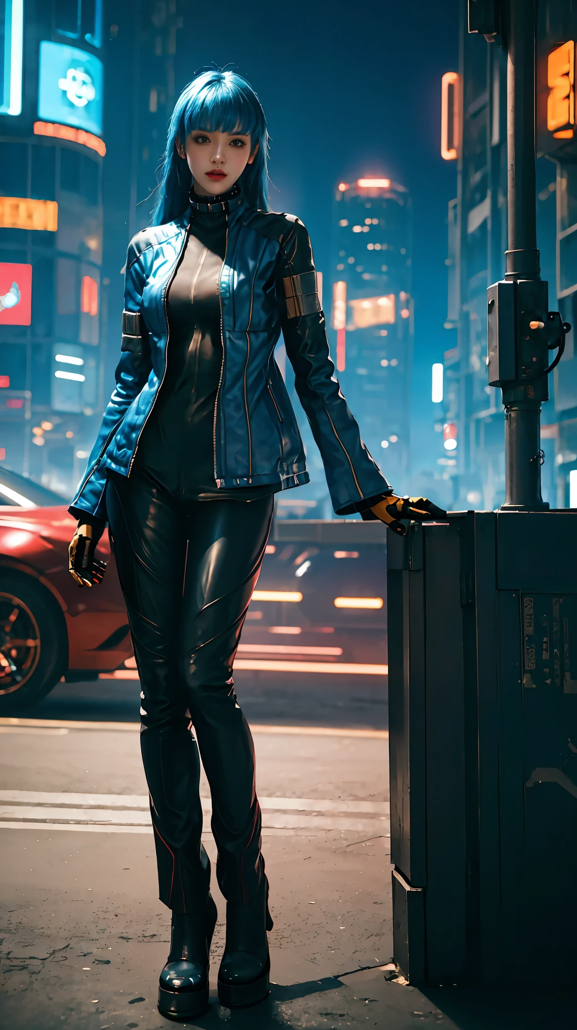 (Full body dynamic picture),(brightly lit,ultra-detailed,cyberpunk-style exquisite young woman,high-angle shot) in 8K high-resolution and with an incredibly detailed and intricate cyberpunk art style. The woman has (realistic, detailed, smooth-textured skin) and her gaze is directed upwards. She is wearing a (stylish, blue sports jacket) and is posing on a vehicle. The shot is a (medium close-up) and is taken with an (85mm artistic lens) at an aperture of (f/1.2) to achieve a (sharp focus) on the woman's face. The background consists of a (chaotic and futuristic cityscape) that beautifully complements the cyberpunk theme. The overall lighting is (elegant and atmospheric), with vibrant colors and (bokeh) effect to enhance the artistic appeal of the image.