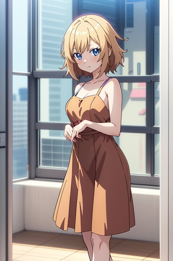anime girl with blue eyes and brown dress standing in front of a window, an anime drawing inspired by Li Shida, trending on pixiv, tachisme, anime moe artstyle, anime visual of a cute girl, anime vtuber full body model, realistic anime 3 d style, anime waifu, an anime girl, clean detailed anime style, anime style character
