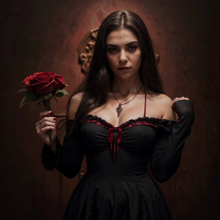 manos de mujer, centrado, holding a red rose, vestido victoriano, elegante, rostro perfecto, mujer hermosa,blood in the face,iluminacion equilibrada, dark vibrant, oil painting, foco principal en las manos, red dominant, gothic style, cross necklace, vampire, more blood