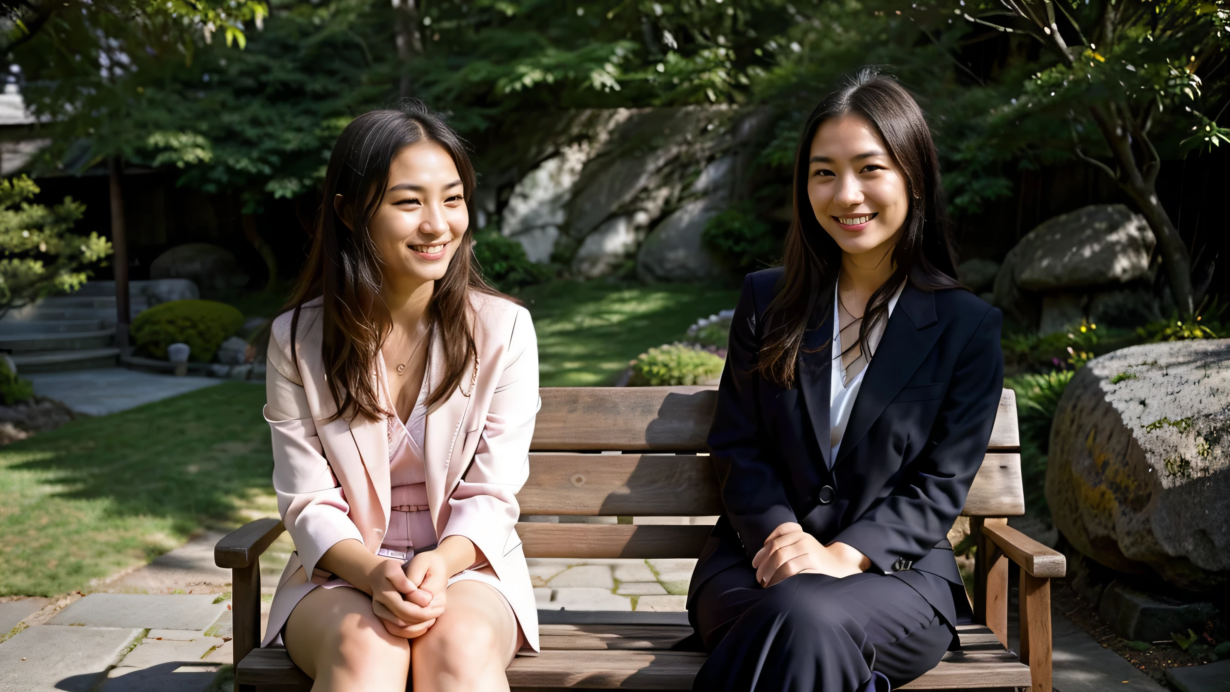 Photorealistic, Best Quality, Hyper Detailed, 2 women in suits, A Japanese middle-aged woman sitting on a rock bench, wearing a dark suit, A Japanese teen girl sitting beside her in pink suit, happy expressions , open garden (sunlight), mountainscape, (Outstanding smile、A dark-haire、Calm, Kind expression , Happy), Wood, plain lawn, Fog, SunRays , sun rays ,crystal clear skies, analog style, Looking at Viewer, Skin Texture, Film grain, , 超A high resolution, Best Shadow, raw, Instagram LUT