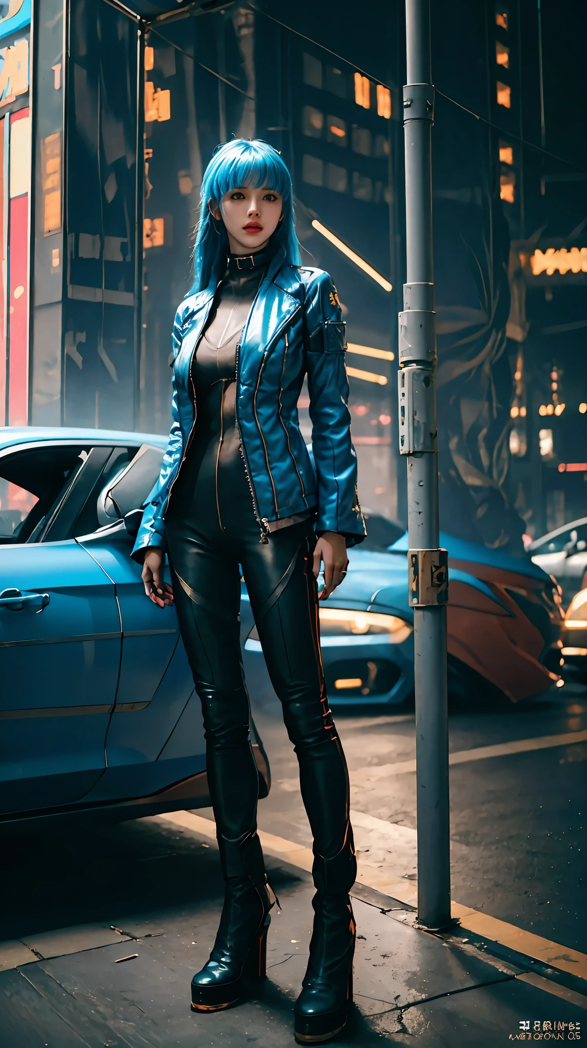 (Full body dynamic picture),(brightly lit,ultra-detailed,cyberpunk-style exquisite young woman,high-angle shot) in 8K high-resolution and with an incredibly detailed and intricate cyberpunk art style. The woman has (realistic, detailed, smooth-textured skin) and her gaze is directed upwards. She is wearing a (stylish, blue sports jacket) and is posing on a vehicle. The shot is a (medium close-up) and is taken with an (85mm artistic lens) at an aperture of (f/1.2) to achieve a (sharp focus) on the woman's face. The background consists of a (chaotic and futuristic cityscape) that beautifully complements the cyberpunk theme. The overall lighting is (elegant and atmospheric), with vibrant colors and (bokeh) effect to enhance the artistic appeal of the image.