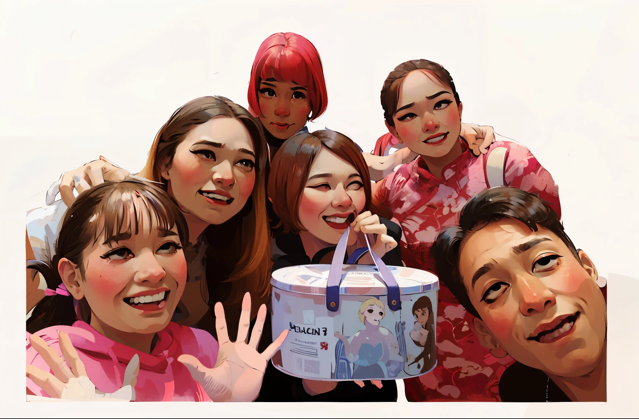 (masterpiece:1.2),illustration,lineart,high definition,texture,5 woman and 1 man are smiling ,warm color palette,soft lighting,detailed pencil strokes,delicate outlines,distinct shadows,subtle shading,impeccable attention to detail,highly realistic,artistic touches,vibrant and lifelike rendering,professional-level skill,white isolated background,warm and inviting atmosphere,peaceful and relaxed expression,sophisticated and elegant aesthetics.