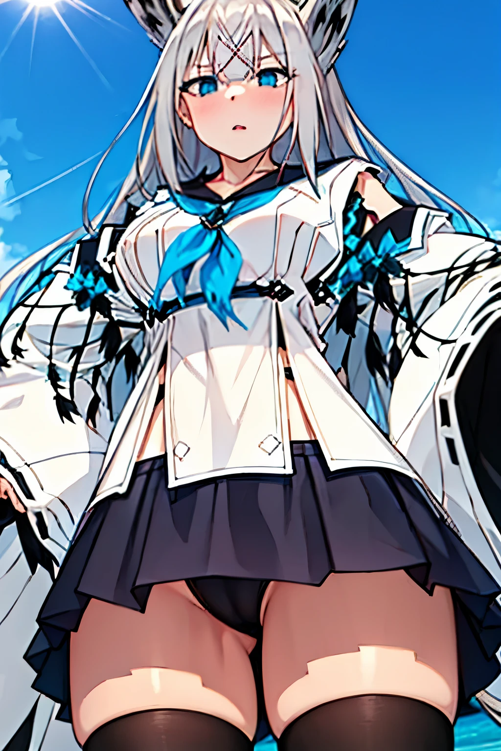 NSFW, Top-quality, Super high resolution, Masterpiece, Highres, 8k, UHD, Detailed lighting, Shaders, Realism, (Anime screencap, Anime coloring:1.2), kawakaze, 1girl, solo, (Breast squeeze, Big , Voluptuous, Plump, Chubby:1.3), Thick thighs, Big ass, Cleavage, The most beautiful silver hair in the world, Long hair, Hair between eyes, Bangs, Animal ears, Fox ears, Ahoge, Light blue eyes, Eyes are glowing, Beautiful eyes, Eyelashes, Beautiful eyes, Skirt, Black skirt, Pleated skirt, Thighhighs, Black thighhighs, Detached sleeves, Wide sleeves, Long sleeves, Ribbon-trimmed sleeves, Ribbon trim, Sailor collar, Black sailor collar, Collarbone, Neckerchief, Zettai ryouiki, White and beautiful shiny skin, The ultimate beautiful girl at 20years old, Ultimate beautiful girl, Ultimate beautiful face, Proportioned face, Lips, Parted lips, Cowboy shot, Fullbody, Looking at viewer, (Blue sky, On the sea, Natural background, Sunlight, Blush, Expressionless:1.2), (From below, Close-up:1.5)