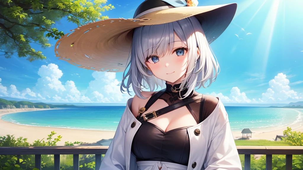 super high quality, with a girl, 20-year-old, very short hair, long bangs between the eyes, gray eyes , blue sky, sunlight, very detailed,(masterpiece、highest quality)、alone、gray hair、laughter、fantasy, silver hair, black eye, beautiful eyes,, ecstasy, charm, be smitten with audience, fantasyな風景、seaside、white clothes、hat、Lady