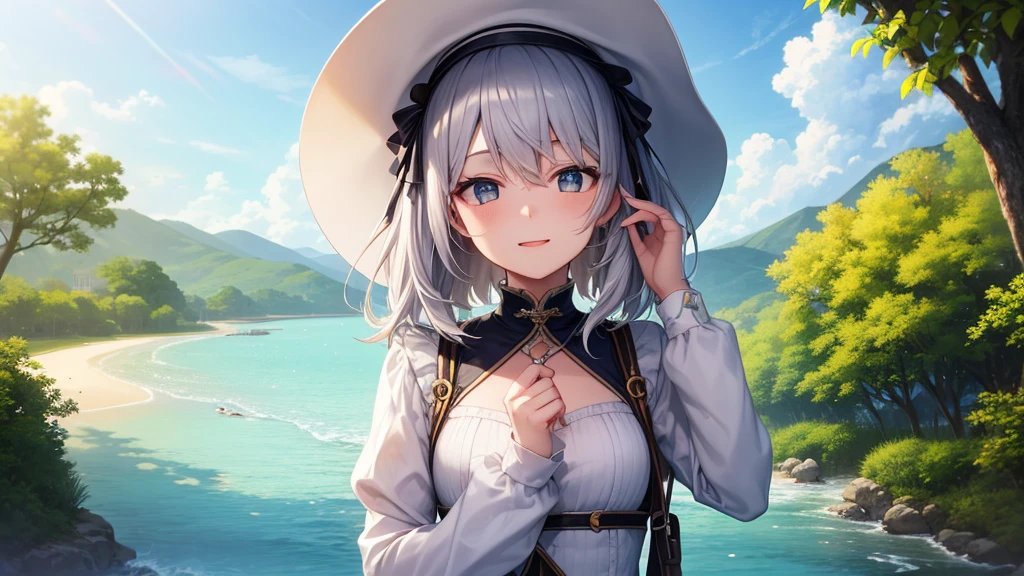 super high quality, with a girl, 20-year-old, very short hair, long bangs between the eyes, gray eyes , blue sky, sunlight, very detailed,(masterpiece、highest quality)、alone、gray hair、laughter、fantasy, silver hair, black eye, beautiful eyes,, ecstasy, charm, be smitten with audience, fantasyな風景、seaside、white clothes、hat、Lady