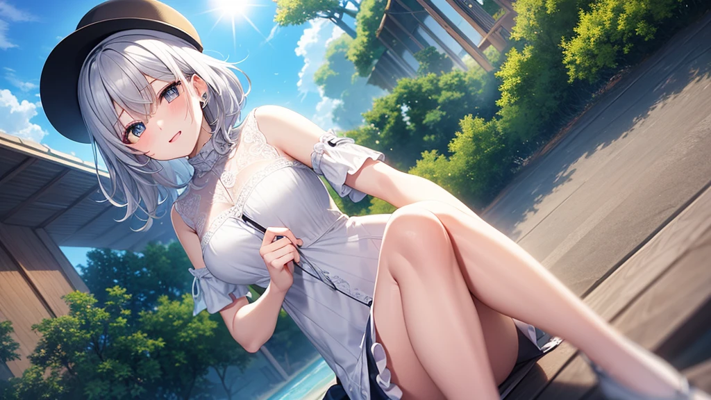 Ultra HD,Look at the viewers, Put your hands behind your back, With a girl, 20-year-old, 非常にShort Hair, Long bangs between the eyes, Pale blue eyes,  Very detailed,(masterpiece、Highest quality),Gray Hair、Laughter、Fantastic, Silver Hair, Iris,  Short hair、 Fluttering Hair、Small Face、明るいsmile、(Detailed face) ,Professional Lighting,Wonderful landscape,blue sky, sunlight,Looking down from above,Portraiture、Open your mouth、Flower Field、Her eyes were shining、Mysterious and enchanting atmosphere。With AI Painting、とてもShort Hair, Long bangs between the eyes, Very detailed,(masterpiece、Highest quality)、alone、Gray Hair、Fantasy, Silver Hair, Fantasyな風景、White shirt、smile、Open your mouth、short hair、Short Hair、hairpin、black eye、Grey Eyes、Beautiful Eyes、