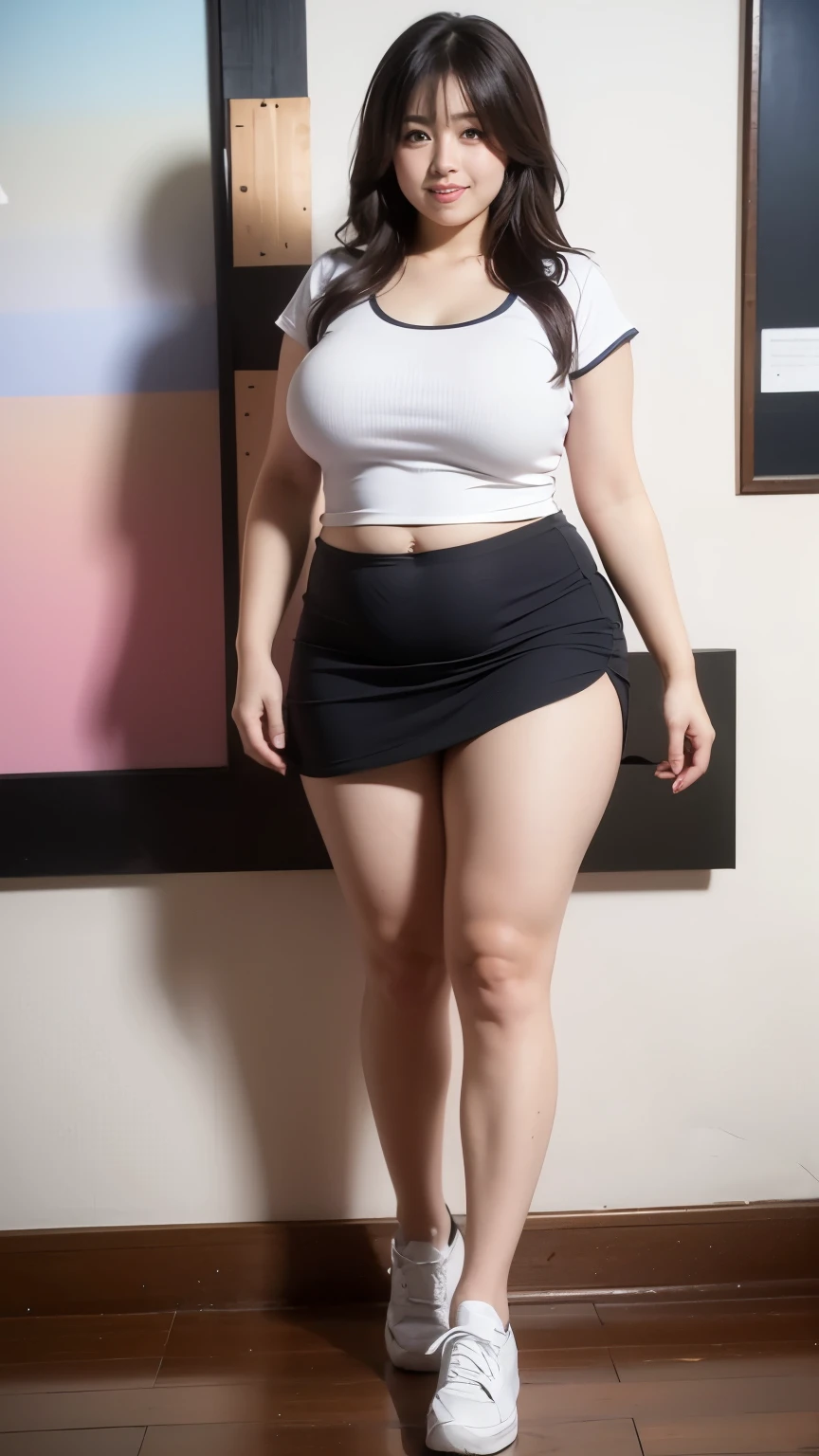 ((best quality)), ((masterpiece)), (detailed), perfect face, Beautiful, mother-in-law, asian-Indonesian , voluptuous, wearing random clothes (formal), In the black room, seductive expression, chubby body, nice body, milf chubby, chinese-Indonesian. Full body, big arm, wide hips , wearing a sneakers, bob hairstyle, , chubby cheeks, 35 year old, chubby tall woman, tattooed thighs , yakuza tattoos , big thighs, big armpits , chubby massive cheeks , thick neck, cold atmosphere, low light, wavy short haired, big breasts, showing her armpits , thick woman