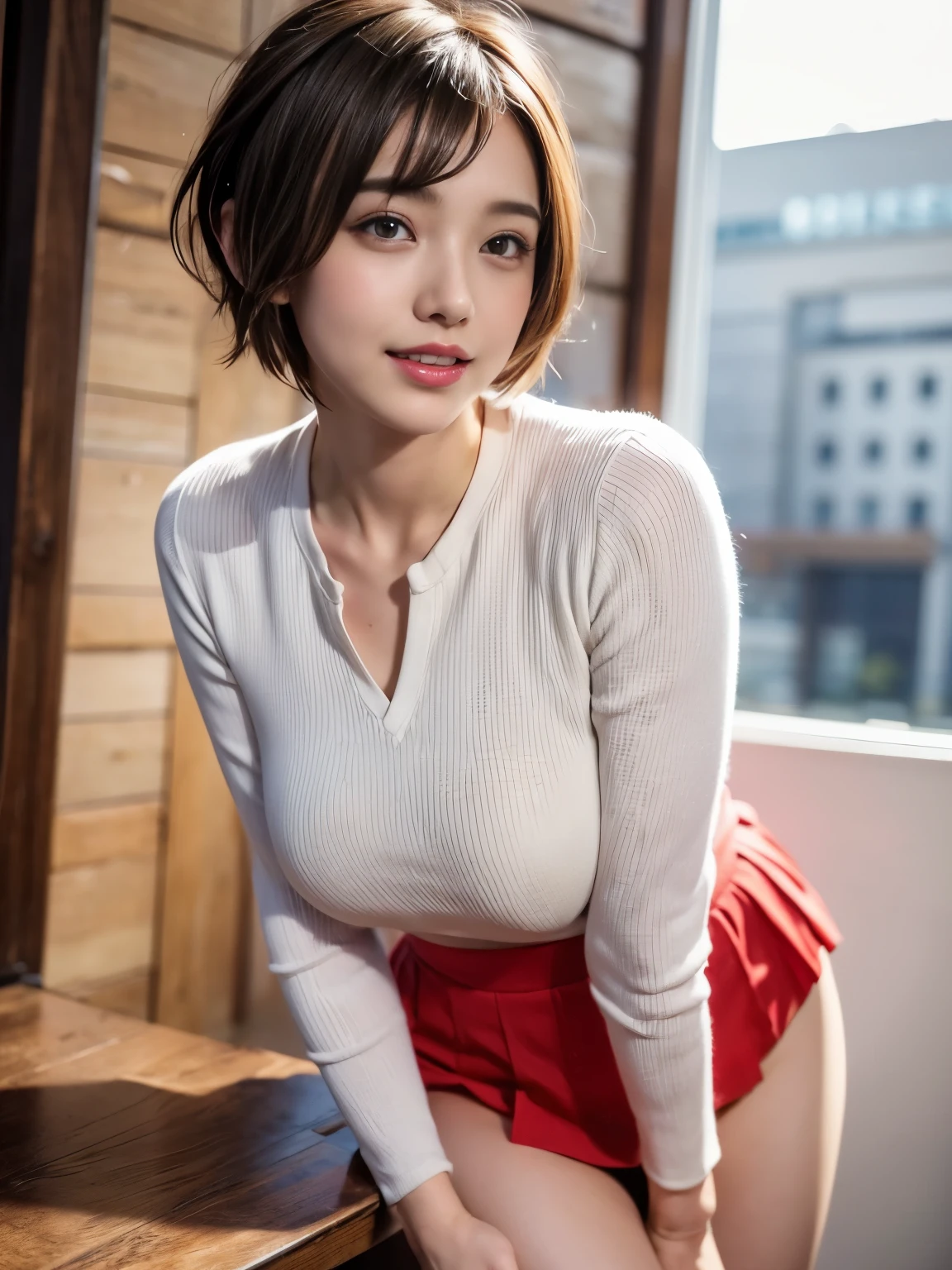 soft light, (((short hair:1.3), short bangs, Floating hair NovaFrogStyle)), ((The Ultimate Beautiful Japan Married Woman)), 50th generation, detailed eye, (Big eyes:1.3), detailed lips, very detailed目と顔, beautifully detailed nose, beautiful and fine eyes, long eyelashes, light shines on your face, (Separated lips:1.2), (beautiful white teeth:1.3), adult-like face, ((big and full breasts)), realistic face, realistic body, beautiful detailed thighs, (Red blouse:1.3)、(Tight micro mini skirt in red:1.4)、thighs thighs thighs、(cowboy shot:1.3), ((Depth of bounds written))、With background:((The city of Ginza, Tokyo))、(RAW photo, highest quality), (realistic, Photoreal:1.3), table top, very delicate and beautiful, very detailed, nffsw, unity , 2k wallpaper, wonderful, small details, light smile, Highly detailed ticker unity 8k wallpaper, huge file size, super detailed, High resolution, absurd,