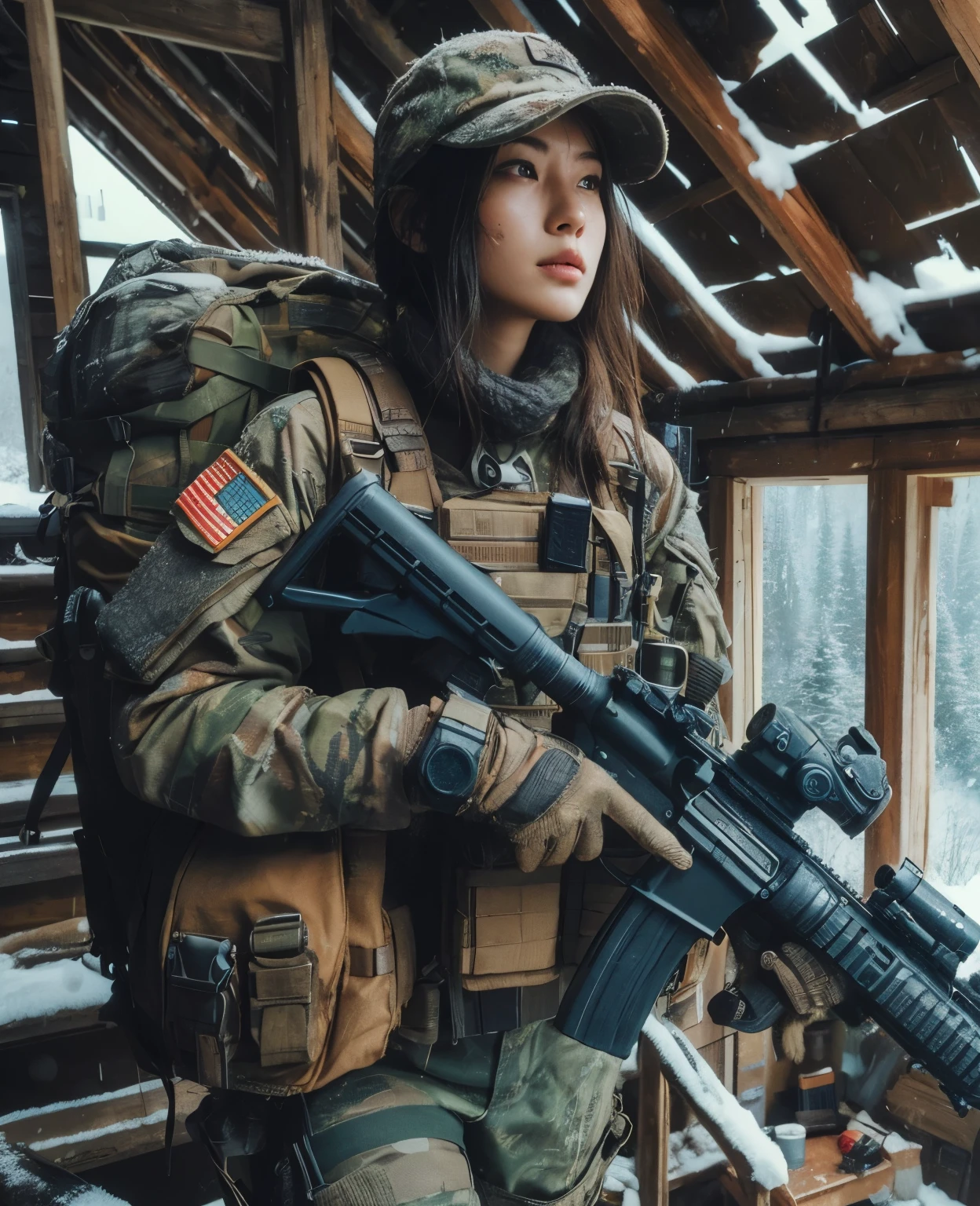 photorealistic、realistic skin texture、automatic rifle、Woodlands
