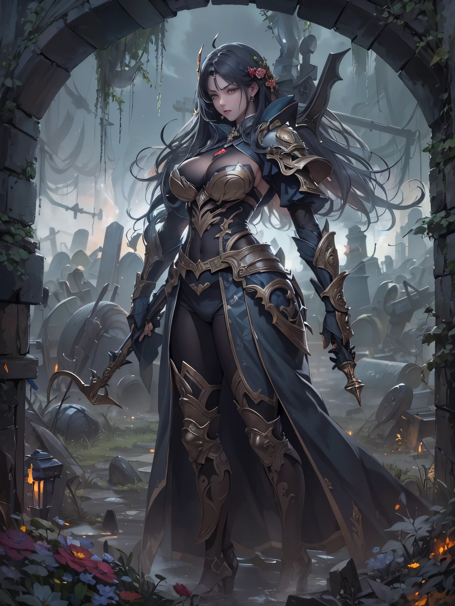 (highest quality)),(ultra high resolution),(Super detailed),(detailed description),((best CG)),(best work of art),super precision art,great drawing art,(Art with precise details:1.5), (1 woman:1.5),beautiful and well-shaped face:1.5,expression of agony:1.5,A detailed and detailed hero suit:1.4,Fighting hard:1.5, Graveyard with a gloomy atmosphere:1.6,Muddy ground:1.4,surrounded by the dead:1.3,the sun blocked by clouds:1.4,