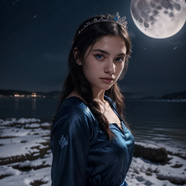 (1age girl:),solo, official art, unity 12k wallpaper, ultra detailed, beautiful face and aesthetic, beautiful, masterpiece,reality, high quality,blue eye,medium black hair,wearing elsa blue dress and crown,near the snow beach, midnight under the moon