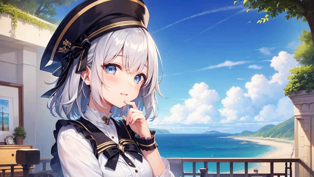 super high quality, with a girl, 20-year-old, very short hair, long bangs between the eyes, gray eyes , blue sky, sunlight, very detailed,(masterpiece、highest quality)、alone、gray hair、laughter、fantasy, silver hair, black eye, beautiful eyes,, ecstasy, charm, be smitten with audience, fantasyな風景、seaside、white clothes、hat、Princess