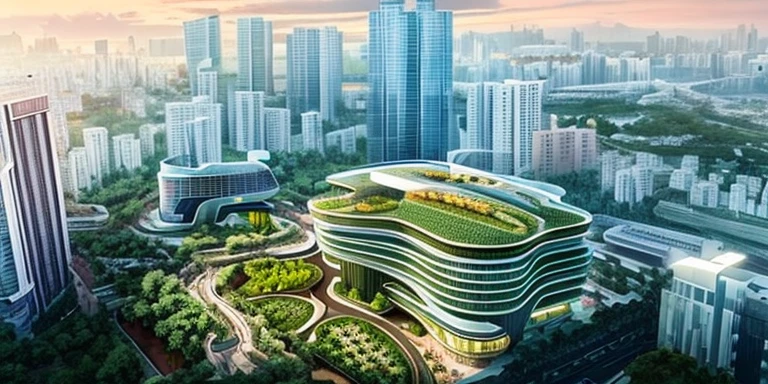 arafed view of a city with a building and a green roof, by Zha Shibiao, inspired by Zha Shibiao, shenzhen, rounded architecture, in style of zaha hadid architect, zaha hadid style architecture, curvilinear architecture, zaha hadid building, view from above, huge futuristic building, zaha hadid architecture,