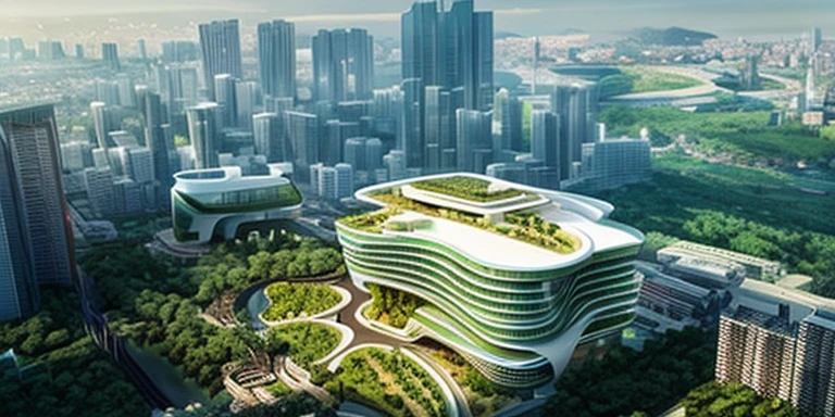 arafed view of a city with a building and a green roof, by Zha Shibiao, inspired by Zha Shibiao, shenzhen, rounded architecture, in style of zaha hadid architect, zaha hadid style architecture, curvilinear architecture, zaha hadid building, view from above, huge futuristic building, zaha hadid architecture,