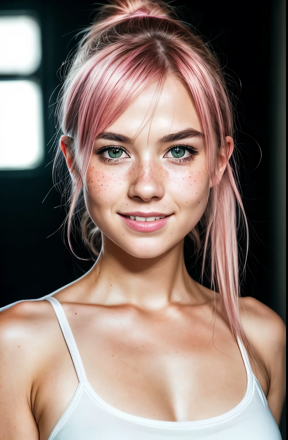 (RAW photo) night scene, close up photo of a sexy girl, posing, looking at viewer, smiling, pink hair in a ponytail, (green eyes:0.8), cute young face, 18 yo, soft volumetric lights, soft key and fill lighting, (backlit:1.3), (cinematic:1.3), intricate details, (ArtStation:1.2), skin blemishes, (freckles:0.9), detailed eyes, micro details, FUJI XT3, photorealistic, photorealism