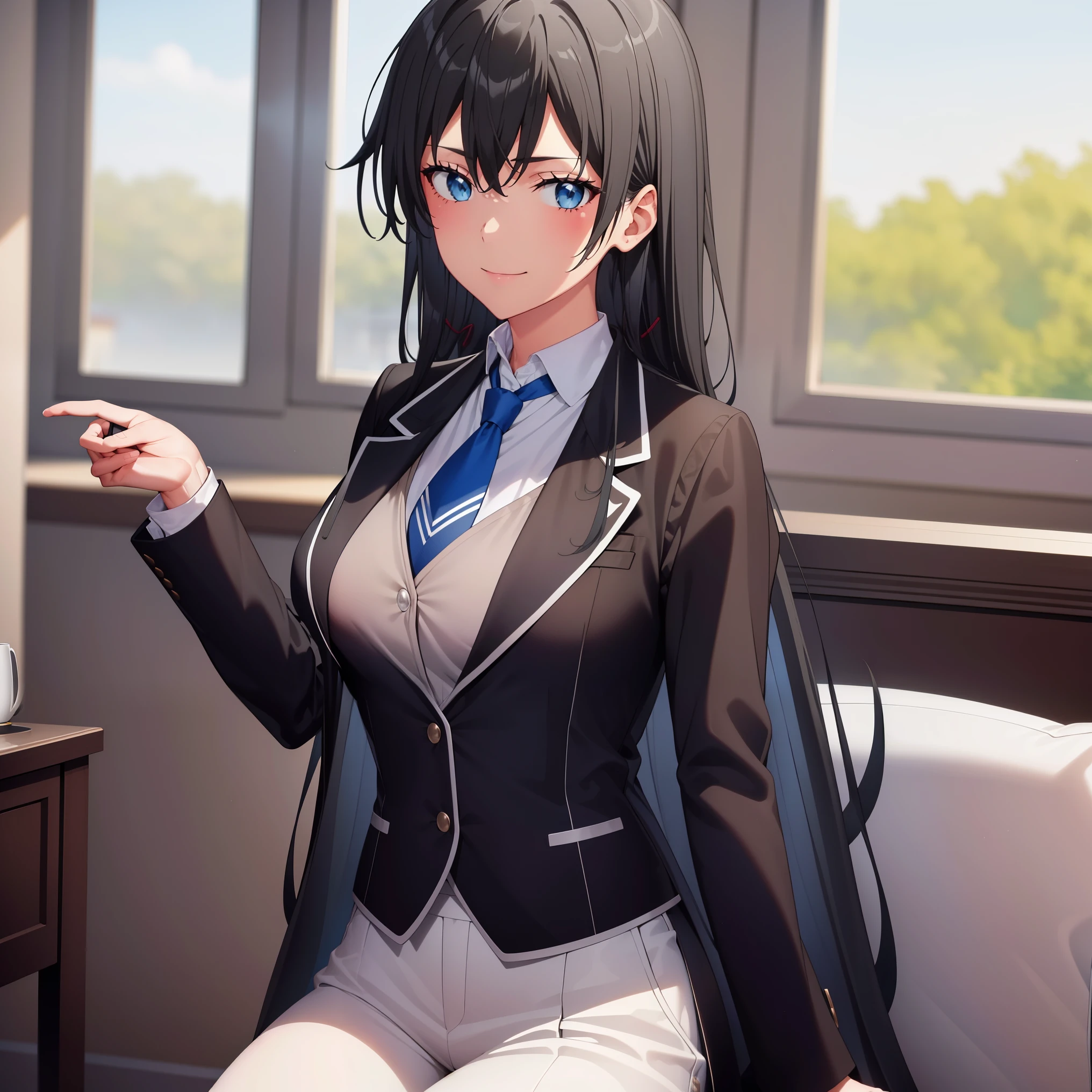 ((best quality)), ((masterpiece)), (detailed) 1girl 1girl, ;\), blurry, blurry_background, breasts, , hair_long looking_at_viewer, ok_sign, open_hand, Yukinoshita Yukino ,Woman wearing formal clothes, An attractive coat sitting on chair in the room , 1girl, 独奏, blue necktie, Black hair, eyes blue, long hair, smile , collared shirt, white pants, white shirt , Elegantly designed coat , Stand in front of a window ,Perfectly tailored tailcoat. It has a stunning Victorian design and is made of lustrous fabric