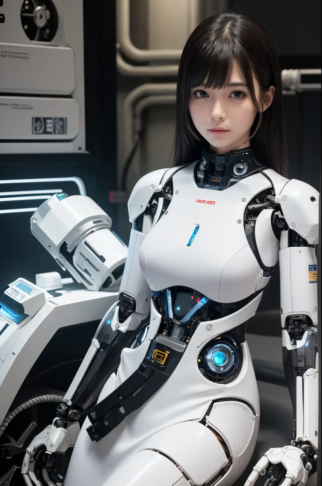 masterpiece, best quality, (8K, 4K, Best Quality, hight resolution, 超A high resolution:1.1),1girl in, Japaese Cyborg Girl,Plump , announcer,control panels,android,Droid,Mechanical Hand, ,clothes with a sense of mechanical technology, Robot arms and legs, Black Robot Parts,Black hair,Mechanical body,Blunt bangs,White abdomen,White robotics parts,tube dress,perfect robot woman,perfect android woman, perfect mechanical woman,future laboratory,android factory,cyborg factory,robot factory,cyber pank,charging spot,long tube,thick cable connected her neck,bowing,maintainance her,repaired her,full eyes,dark black tights,a bit chubby