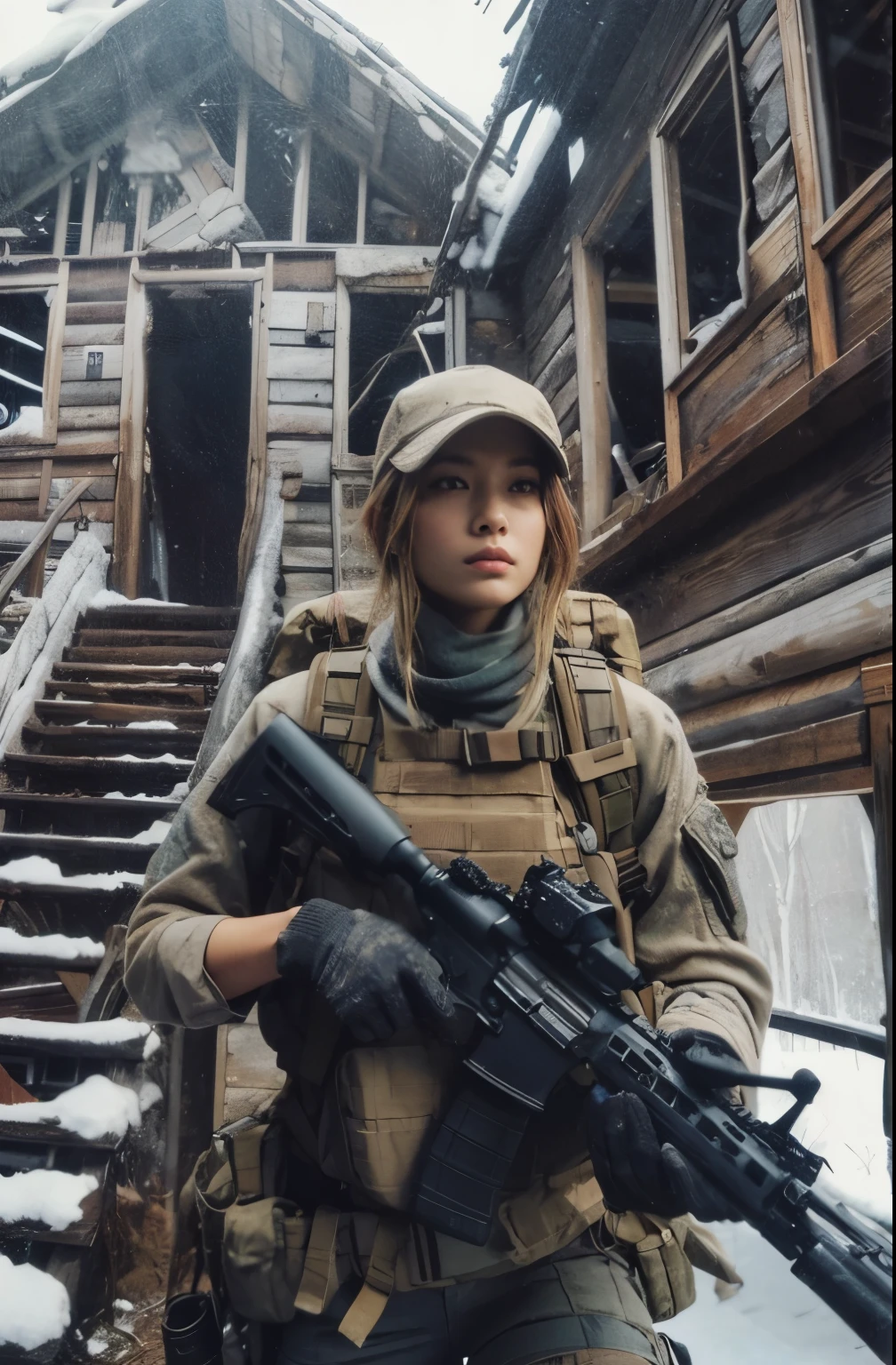 photorealistic、realistic skin texture、automatic rifle、Woodlands