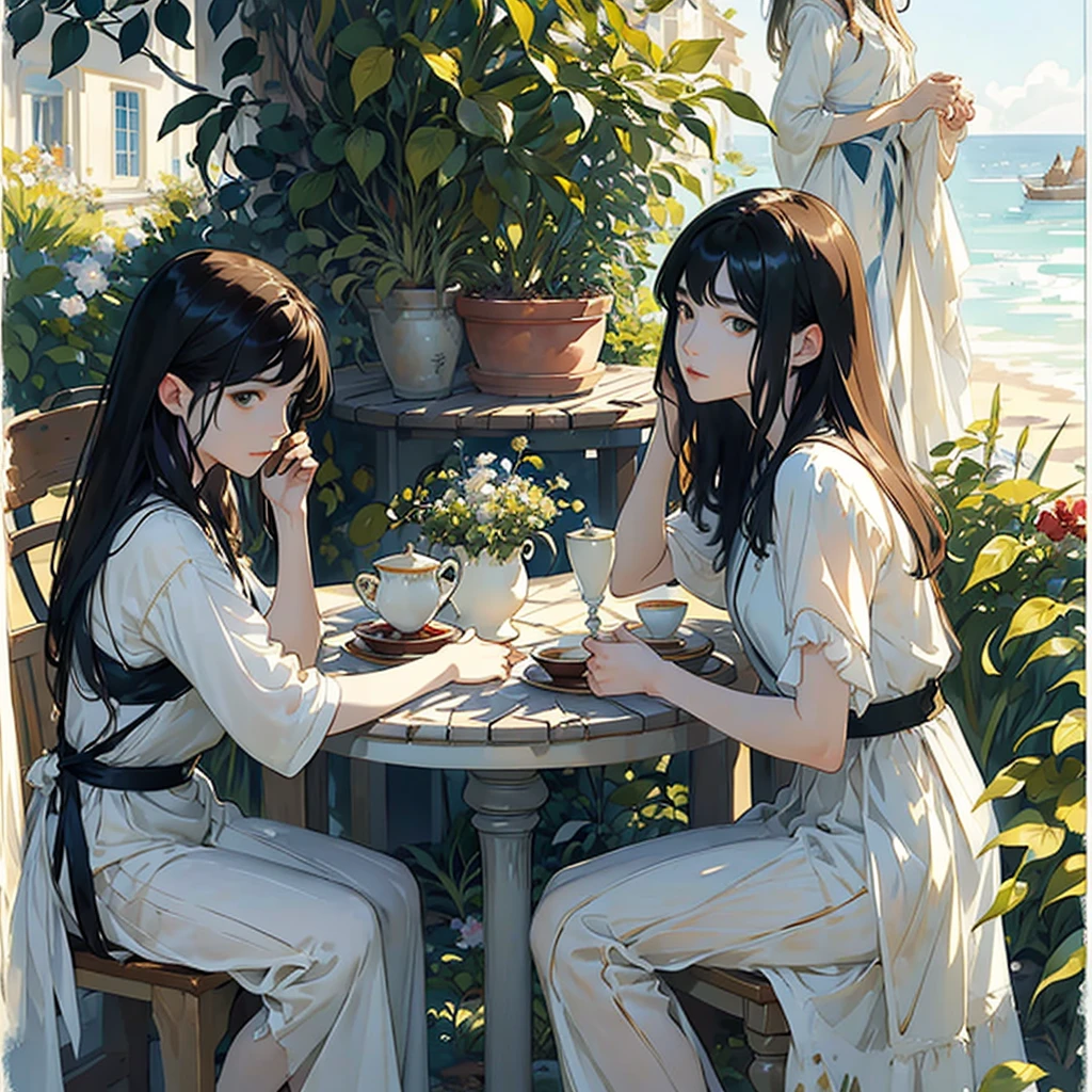 ((Watercolor by singer Sargent))、(top-quality、​masterpiece)、Delicate, In coffee, tea set、 Plants, The table,  Two girls drinking coffee,Semi-long hair and short-cut hair、One person stands、sea side、soft sunlight、