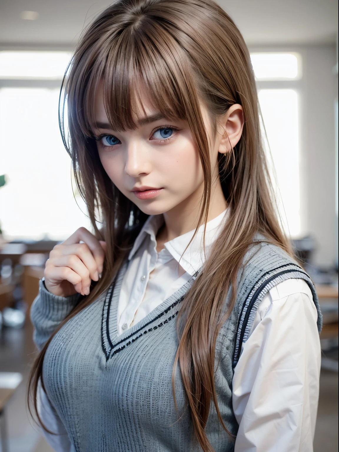 Beautiful girl with brown hair, pale blue eyes, realistic