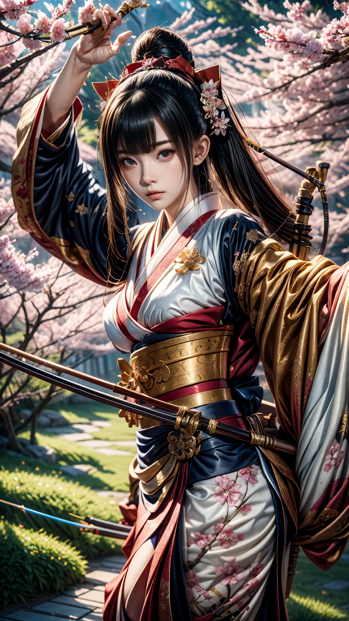 a woman in the sakura forest , onmyoji detailed art, extremely detailed artgerm, onmyoji, onmyoji portrait, artgerm detailed, anime girl with a bow and arrow, artwork in the style of guweiz, fox nobushi holding a naginata, artgerm. high detail