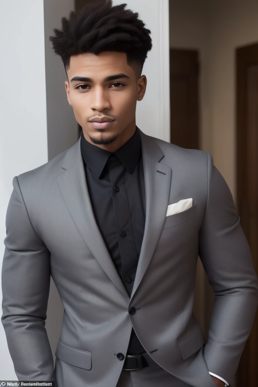 The man in the image exudes confidence and authority, with his mixed race African heritage accentuating his striking features. His fair complexion complements his high cheekbones, a straight nose, and full lips that curl into a subtle smile. His almond-shaped eyes, with a light brown hue, shimmer with intelligence and a hint of mischief. Defined but not overly defined eyebrows frame his face, adding to his overall polished look.
His hair, styled in a layered fashion, cascades down to his shoulders, catching the light and adding texture to his appearance. The man's face is clean-shaven, allowing the fineness of his features to shine through. He don