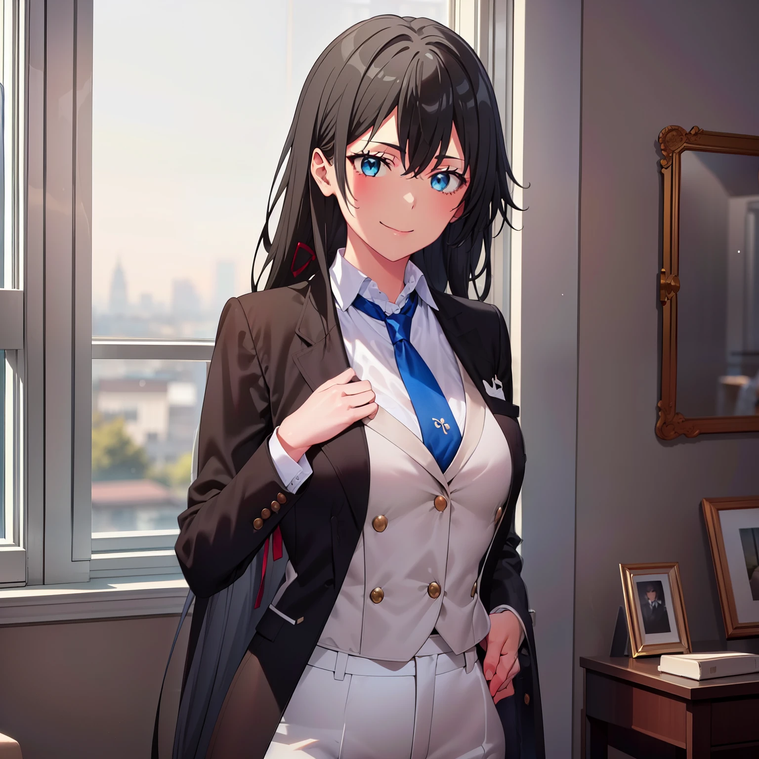 ((best quality)), ((masterpiece)), (detailed) 1girl, ;\), blurry, blurry_background, breasts, , hair_long looking_at_viewer, ok_sign, open_hand, Yukinoshita Yukino ,Woman wearing formal clothes, An attractive coat sitting on chair in the room , 1girl, 独奏, blue necktie, Black hair, eyes blue, long hair, smile , collared shirt, white pants, white shirt , Elegantly designed coat , Stand in front of a window ,Perfectly tailored tailcoat. It has a stunning Victorian design and is made of lustrous fabric