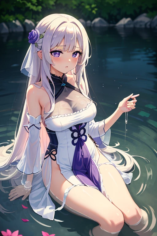 ((top quality)),(ultra high resolution),(Super detailed),(detailed description),((the most picturesque works of art),super precision art,amazing art of depiction,fantasy art:1.5, ((綺麗なflower々:1.3)), (glamorous body:1.5),fancy background effects、masterpiece、fancy details、(NSFW 1.1), ((1 female)), ((muste piece)), ((extremely detailed:1.3)), ((Beautiful woman entering the lake in crystal clear water)), ((beautiful long hair)), wet hair, wearing a transparent dress, Bathing clothed, (水に浮かぶバラのflowerびら:1.5), (early morning light), ivory gold AI, temple, crepuscular lighting, (very huge )、pink nipples、pink areola,Transparent pink areola、((Transparent pure white wedding dress that shows your skin、Detailed design))、Arranged,intimate, rose garden、colorful roses、lake with floating roses、wet body、(頭にflowerの装飾)、大きなflowerいっぱい、solo, water play, flowerいっぱいの髪飾り, flower々, sky porn,Pure white dress that becomes transparent when wet, shines wet with water、(muste piece),(Highly detailed CG Unity 8K wallpaper),best quality,cinematic lighting,detailed background,beautiful detailed eyes,bright pupils, (very delicate and beautiful),(Beautiful and detailed eyes),((muste piece)),(Purple eyes)