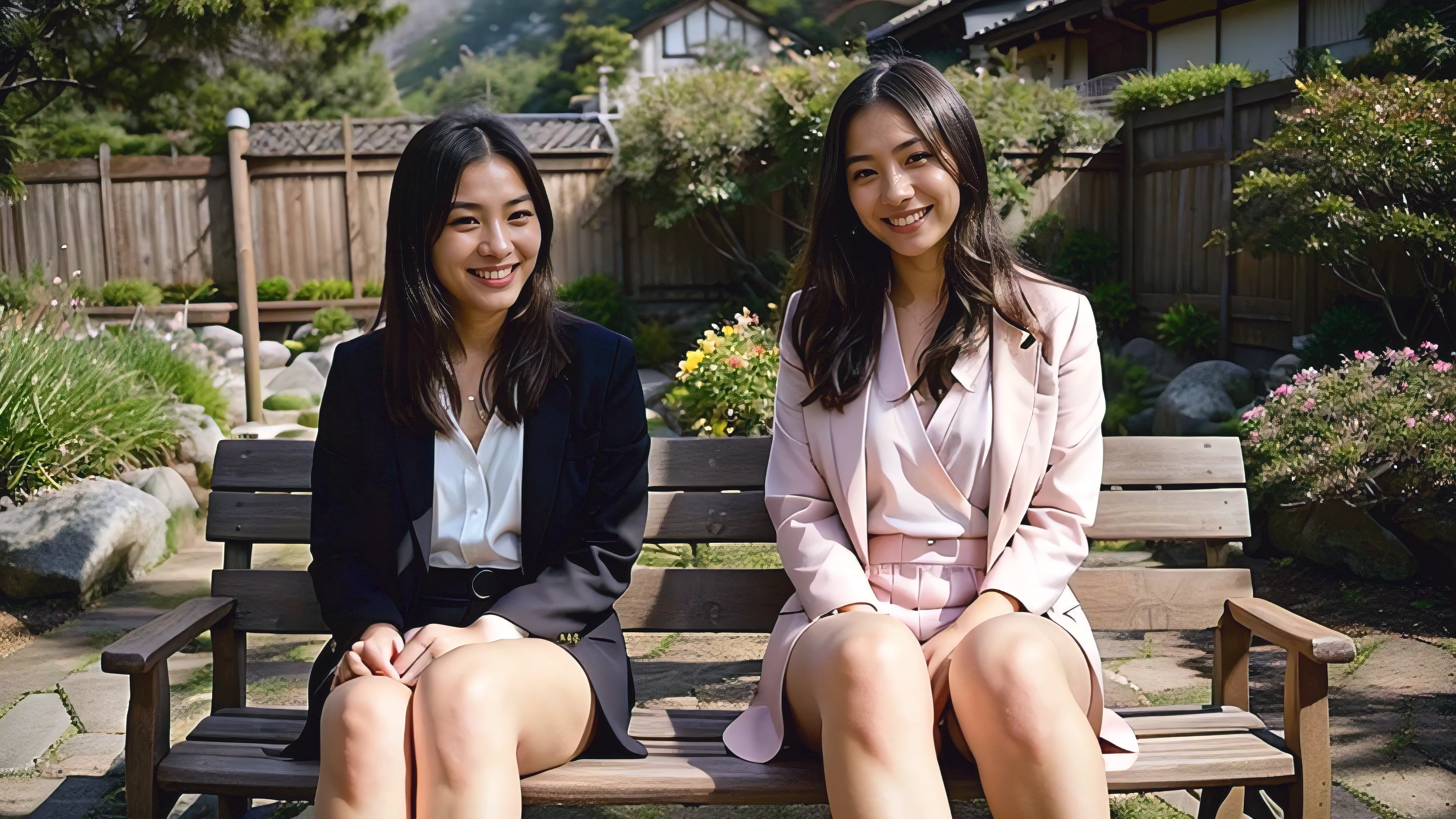 Photorealistic, Best Quality, Hyper Detailed, 2 women in suits, A Japanese middle-aged woman sitting on a rock bench, wearing a dark suit, A Japanese teen girl sitting beside her in pink suit, happy expressions , open garden (sunlight), mountainscape, (Outstanding smile、A dark-haire、Calm, Kind expression , Happy), Wood, plain lawn, Fog, SunRays , sun rays ,crystal clear skies, analog style, Looking at Viewer, Skin Texture, Film grain, , 超A high resolution, Best Shadow, raw, Instagram LUT