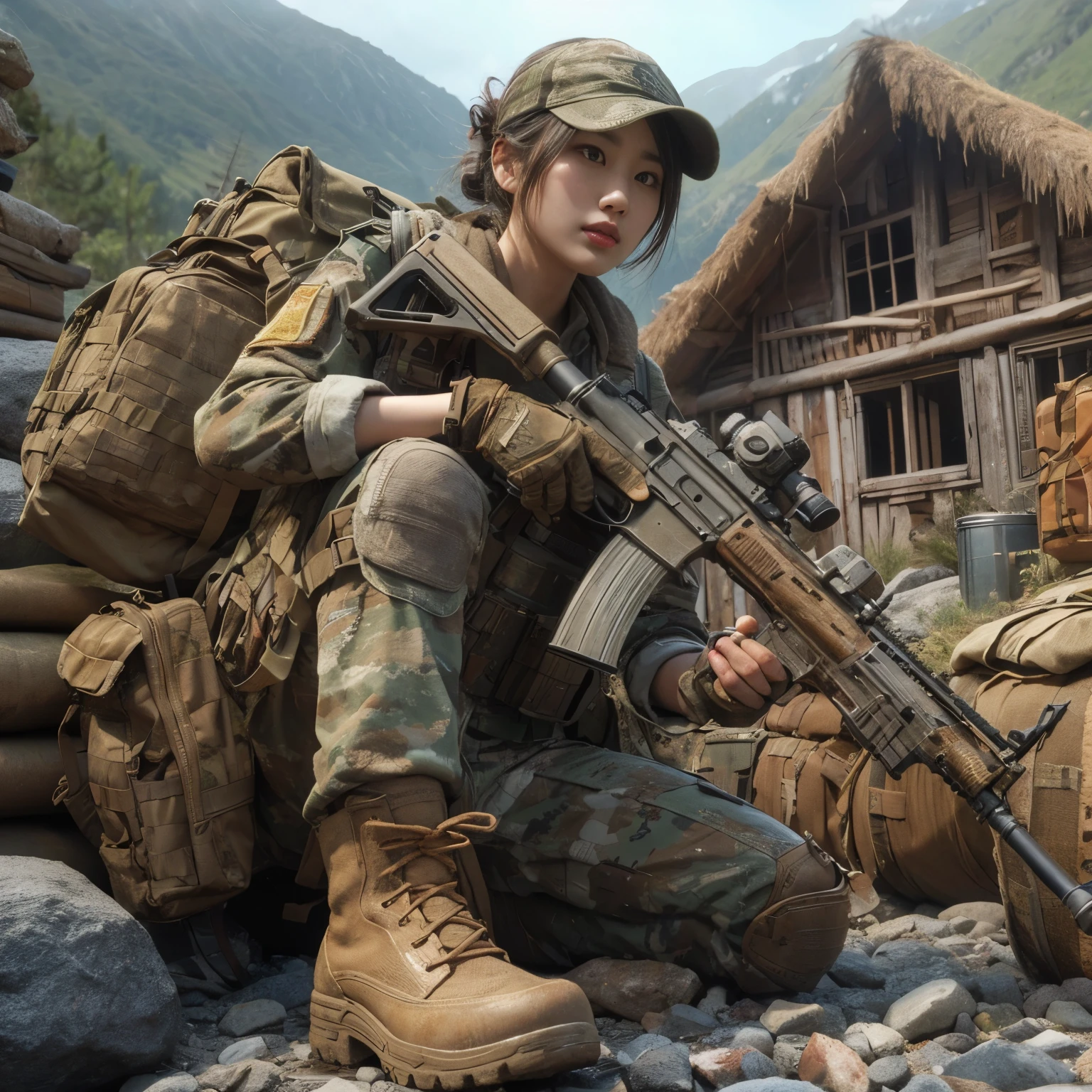photorealistic、realistic skin texture、automatic rifle、Woodlands