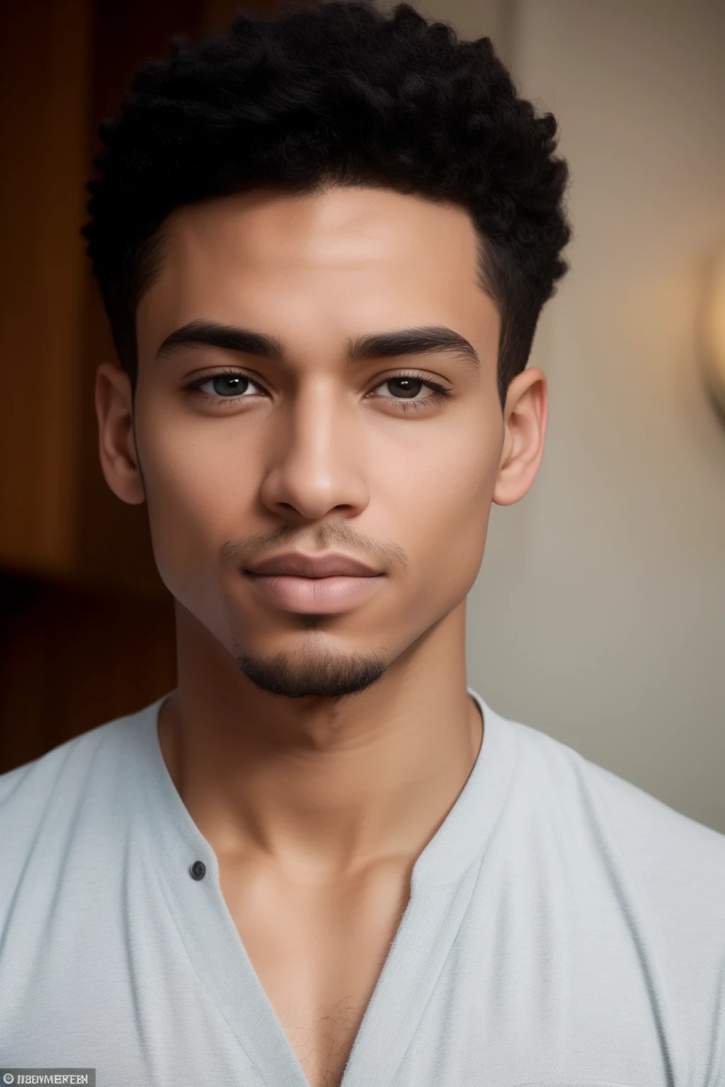 The man in the image exudes confidence and authority, with his mixed race African heritage accentuating his striking features. His fair complexion complements his high cheekbones, a straight nose, and full lips that curl into a subtle smile. His almond-shaped eyes, with a light brown hue, shimmer with intelligence and a hint of mischief. Defined but not overly defined eyebrows frame his face, adding to his overall polished look.
His hair, styled in a layered fashion, cascades down to his shoulders, catching the light and adding texture to his appearance. The man's face is clean-shaven, allowing the fineness of his features to shine through. He don