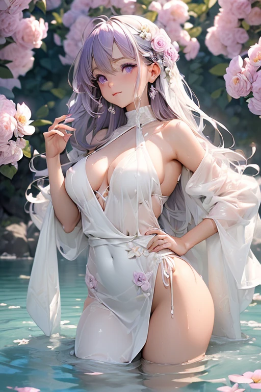 ((top quality)),(ultra high resolution),(Super detailed),(detailed description),((the most picturesque works of art),super precision art,amazing art of depiction,fantasy art:1.5, ((綺麗なflower々:1.3)), (glamorous body:1.5),fancy background effects、masterpiece、fancy details、(NSFW 1.1), ((1 female)), ((muste piece)), ((extremely detailed:1.3)), ((Beautiful woman entering the lake in crystal clear water)), ((beautiful long hair)), wet hair, wearing a transparent dress, Bathing clothed, (水に浮かぶバラのflowerびら:1.5), (early morning light), ivory gold AI, temple, crepuscular lighting, (very huge )、pink nipples、pink areola，Transparent pink areola、((Transparent pure white wedding dress that shows your skin、Detailed design))、Arranged,intimate, rose garden、colorful roses、lake with floating roses、wet body、(頭にflowerの装飾)、大きなflowerいっぱい、solo, water play, flowerいっぱいの髪飾り, flower々, sky porn,Pure white dress that becomes transparent when wet, shines wet with water、(muste piece),(Highly detailed CG Unity 8K wallpaper),best quality,cinematic lighting,detailed background,beautiful detailed eyes,bright pupils, (very delicate and beautiful),(Beautiful and detailed eyes),((muste piece)),(Purple eyes)