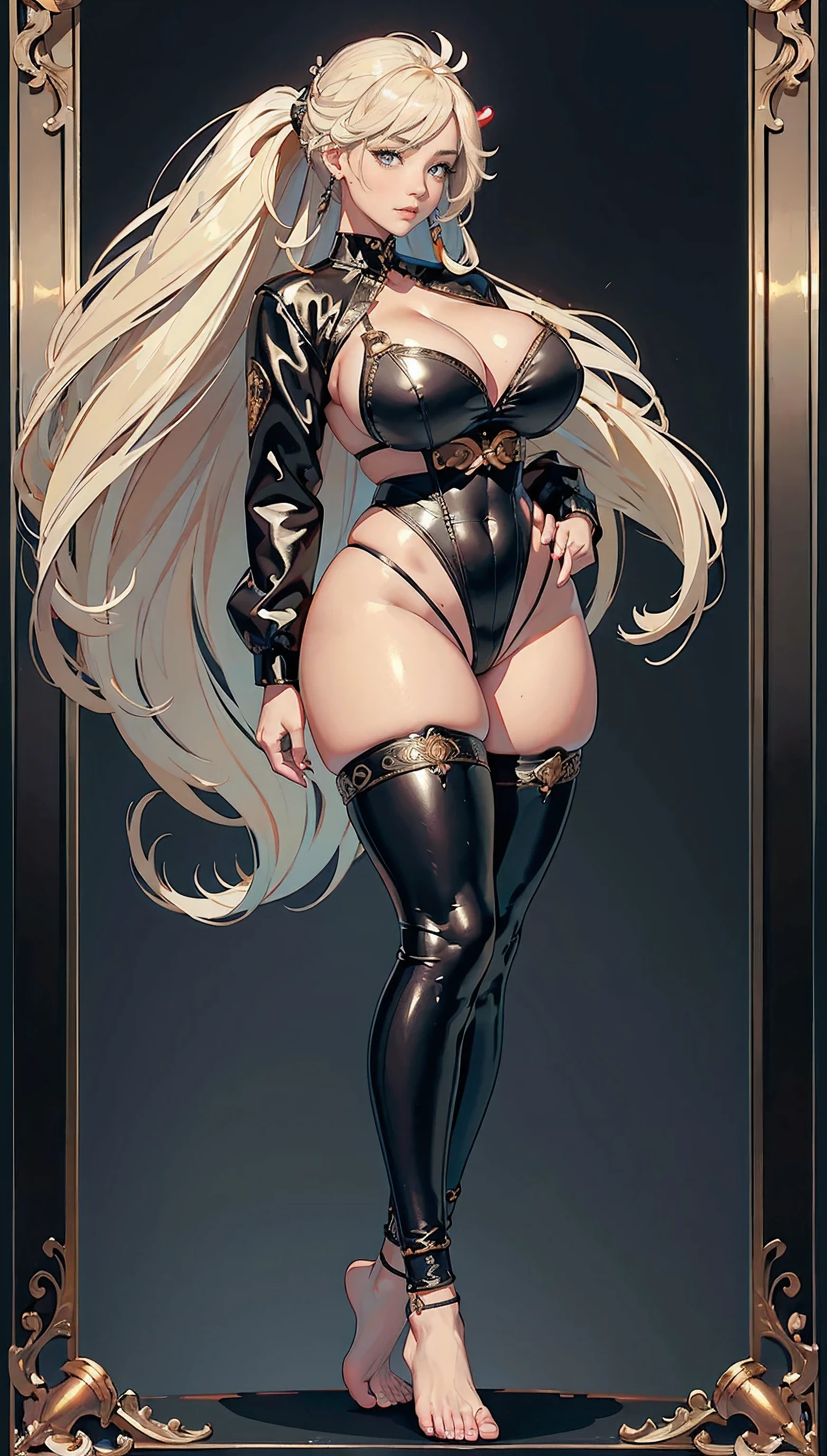 (masterpiece:1.2, highest quality), (highly detailed face, real image, delicate skin tone realistic skin, realistic body,woman1, beautiful background,Authentic nudes with intricate details,bright blonde hair,black jacket,black pants,Tattoo of a heart on the lower abdomen,Obedience Pose,boyish,long eyelashes,expensive,huge cleavage,big bust,huge nipples,big hips, thick chest plate, beautiful feet, and a thin waist,full body photo,clearware,whiten skin