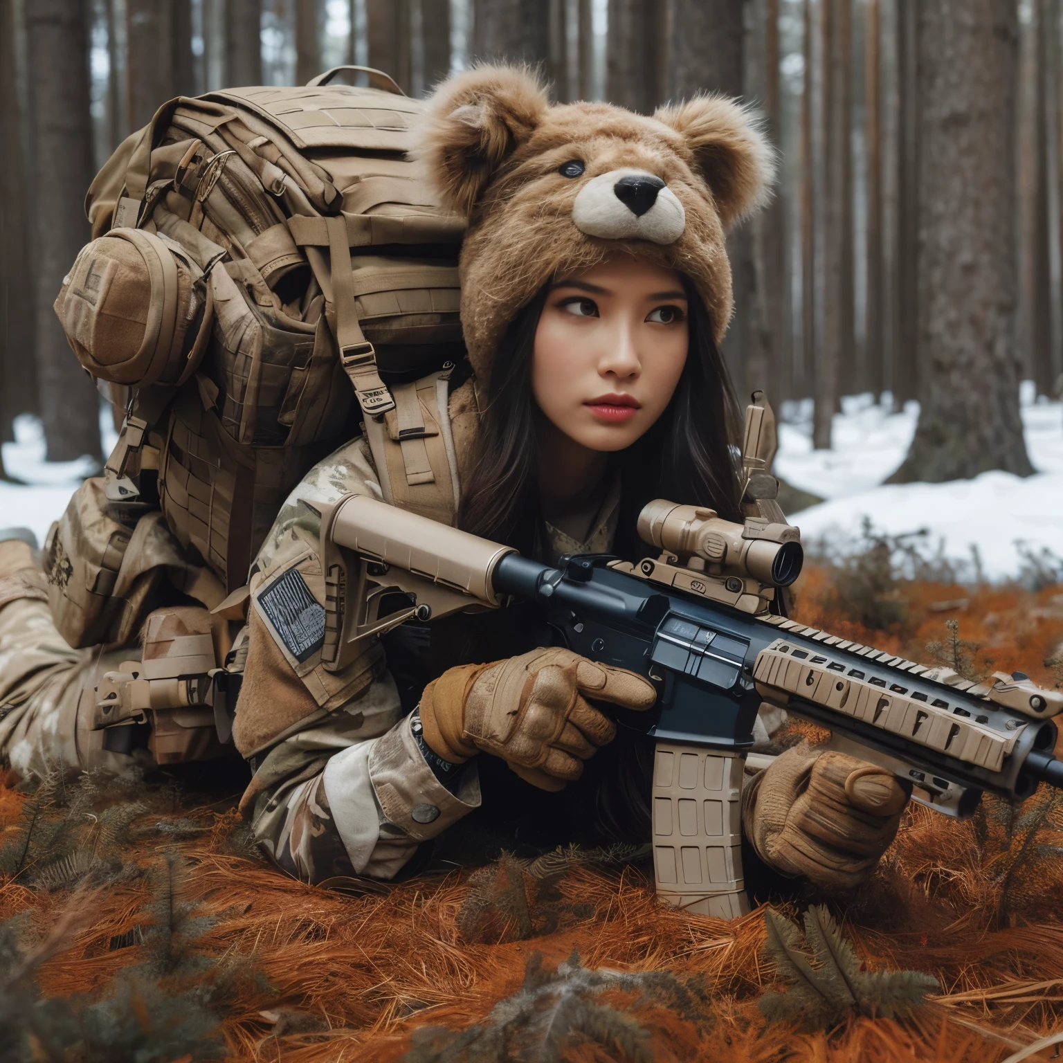 photorealistic、realistic skin texture、automatic rifle、Woodlands