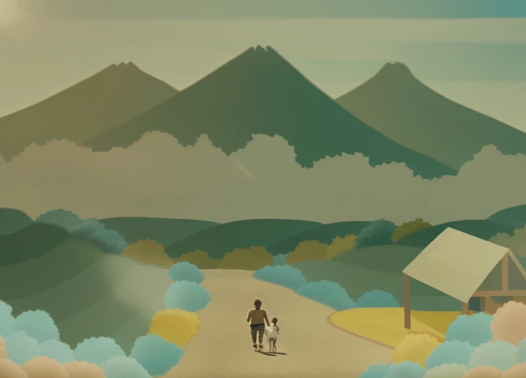 A beautiful sunny day and a baby walking his dog.. The baby is very real cinematic image. The child's parents come right behind them.