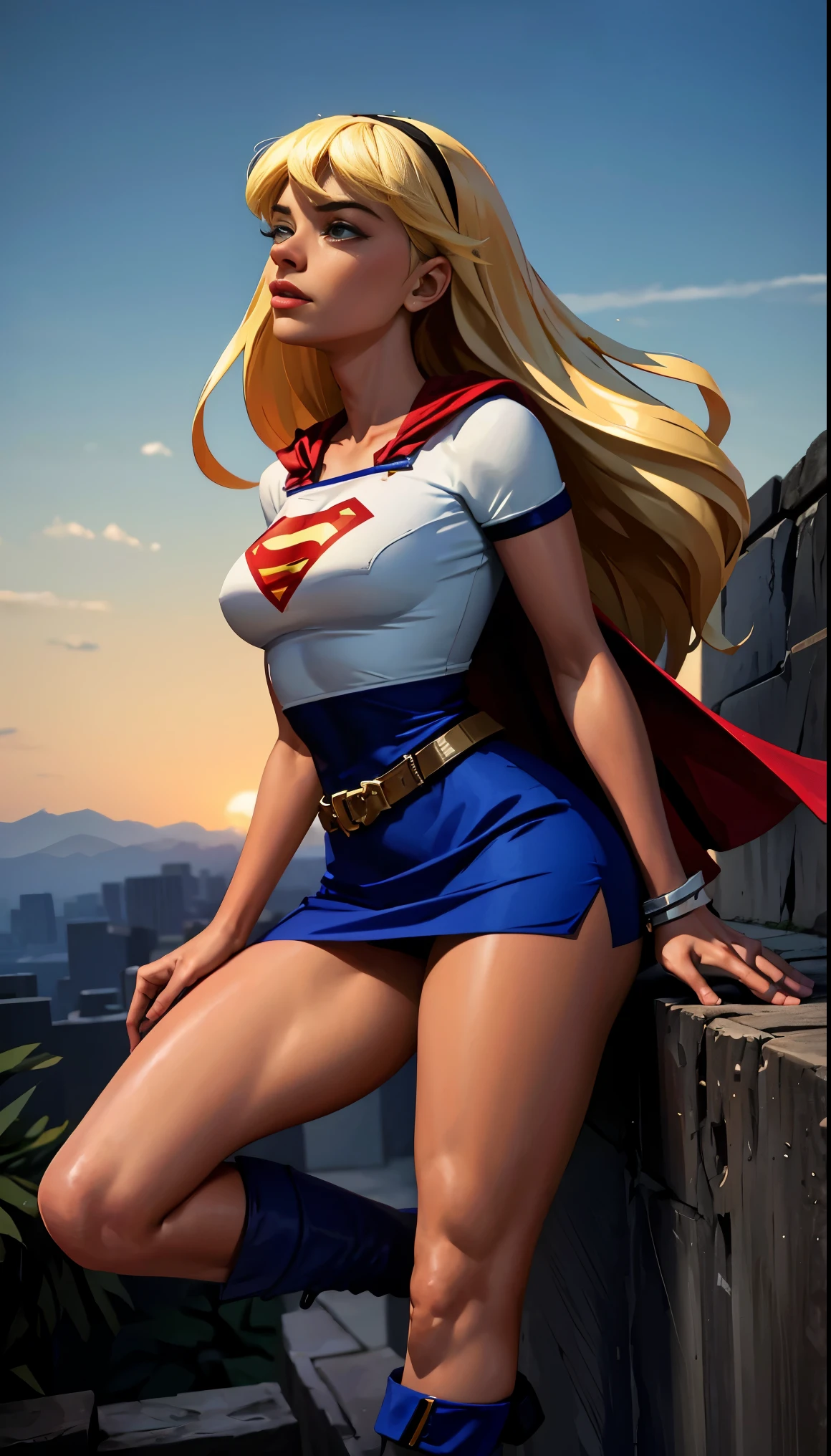 (tiro de vaqueiro), sfw, (obra de arte), (melhor qualidade:1.0), (ultra high resolution:1.0), olhos detalhados,
QUEBRA Supergirl, 1 garota, cabelo loiro longo, no ar, voador
faixa de cabelo, \(branco\) corte superior, manga curta, capa, blue pencil skirt, luvas, botas BREAK
(nuvens, CIDADE, vista deslumbrante)