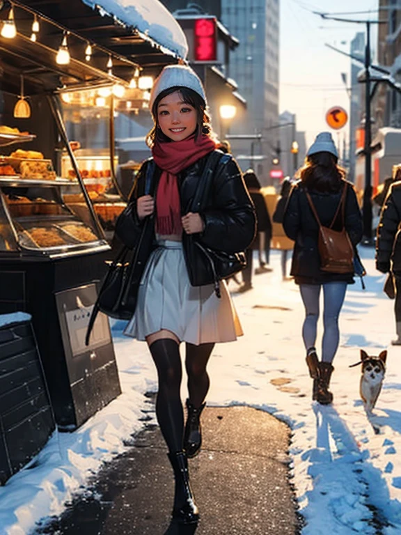 (best quality,8k,super detailed,accurate,great quality,from below angle,mature woman,droopy eyes,blushed,walking in the city,winter park,she is holding a small dog,food truck,bustling,tall buildings,heavy snowfall,white breath,skirt,thick stockings,high boots,shoulder bag,knit hat)