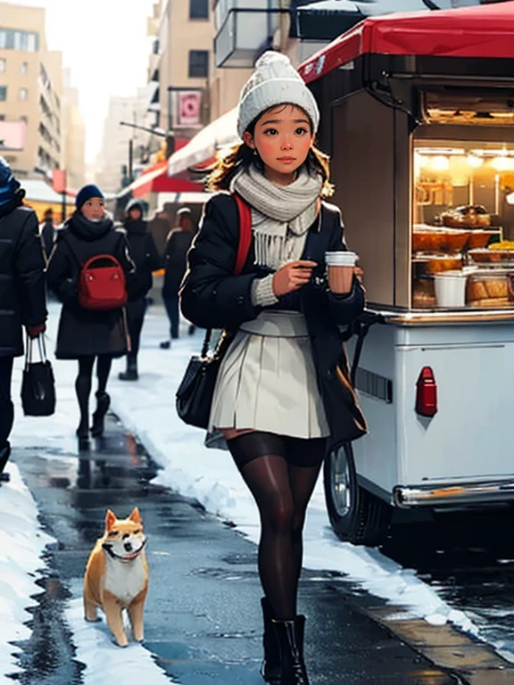 (best quality,8k,super detailed,accurate,great quality,from below angle,mature woman,droopy eyes,blushed,walking in the city,winter park,she is holding a small dog,food truck,bustling,tall buildings,heavy snowfall,white breath,skirt,thick stockings,high boots,shoulder bag,knit hat)