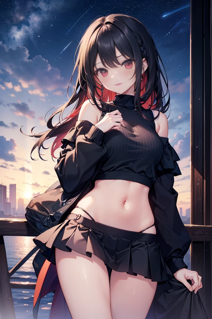 (masterpiece), (best quality), (4k resolution), (???????; perfect), , 1  girl, fair skin, red eyes, black hair), detailed eyes, perfect face, (locks, bangs), loose hair, (light effects in hair), eyebrow, nose, ear, tight mouth, smiling, sweatshirt OFF SHOULDER TOP, short skirt, tightig chest), (perfect belly), (perfect waist), Beautiful and perfect legs, standing, background scenery, in the park, new year, beautiful night, night lighting, looking at viewer shy