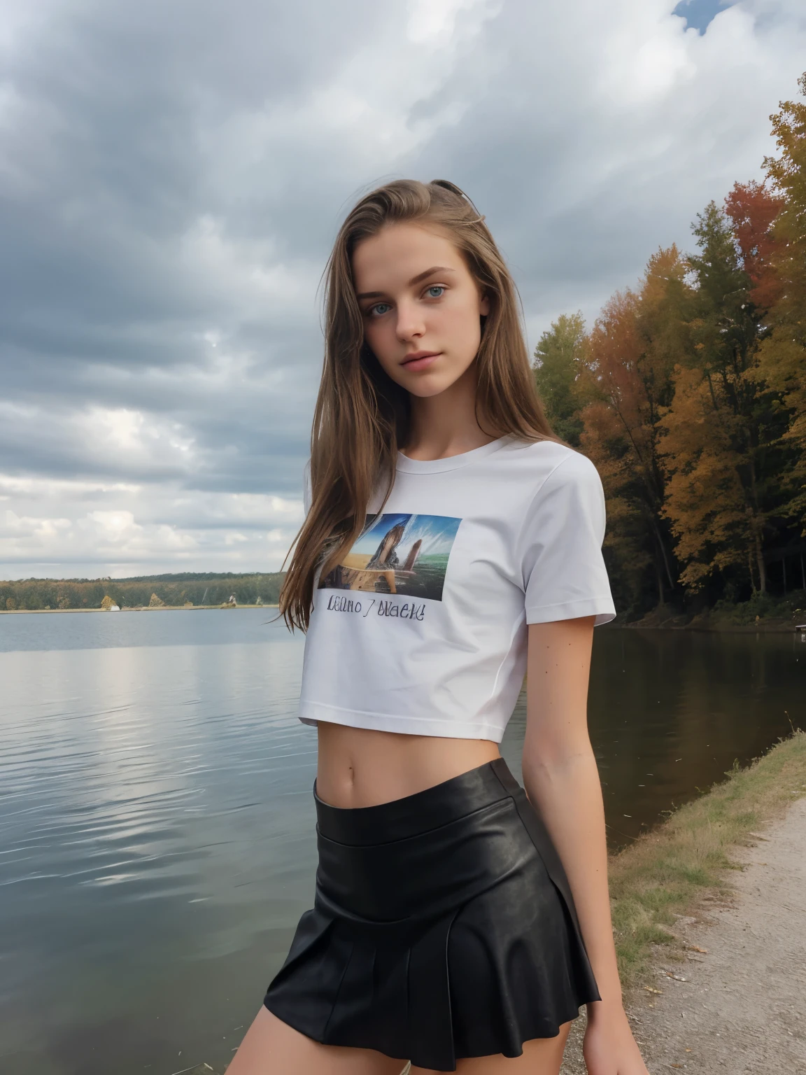young woman, 16 Jahre alt, iPhone-camera, straight hairs, beautiful, 16 years old. verry sexy short skirt, model, beautiful face, modelshoot, beautiful skin, lake, skinny body, beautiful body, 16 y.o, sexy outfit, cropped tshirt, colorful outfit, cloudy, fall